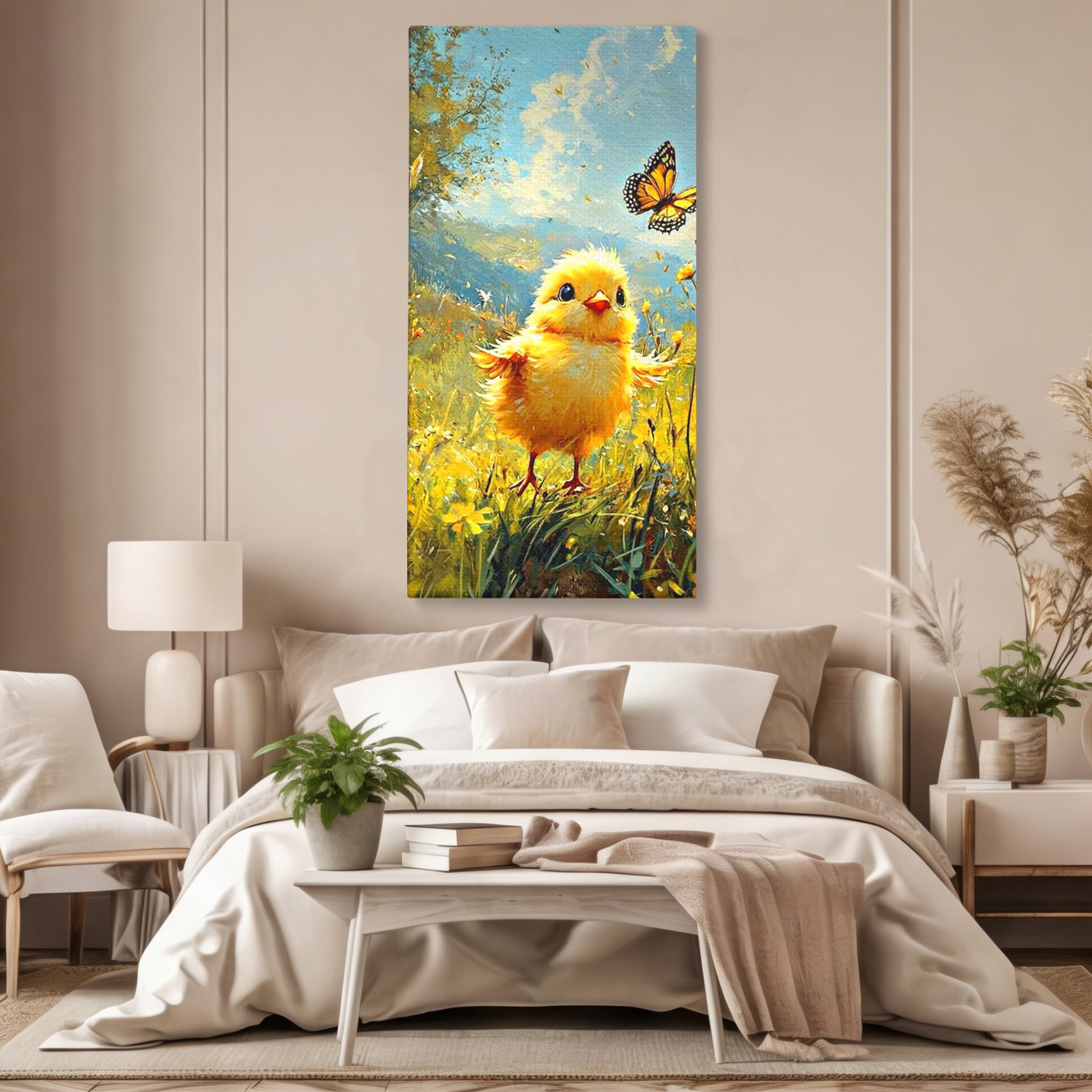 Tablou canvas cu tablou canvas cu pui de pasare si fluture, fara rama, pe sasiu de lemn, pe perete intr-un dormitor